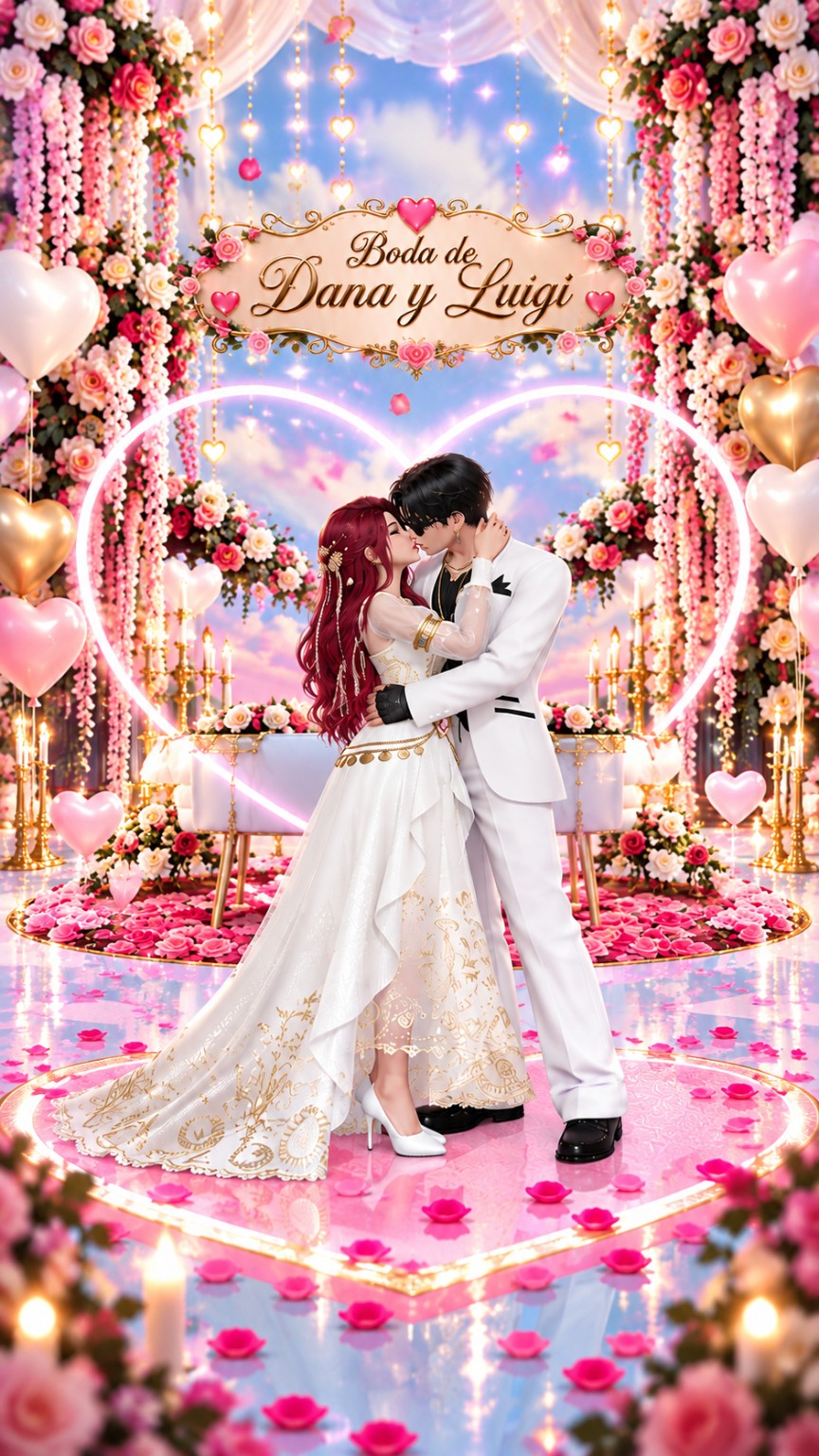 Dana y Luigi celebrando su boda en un altar lleno de flores