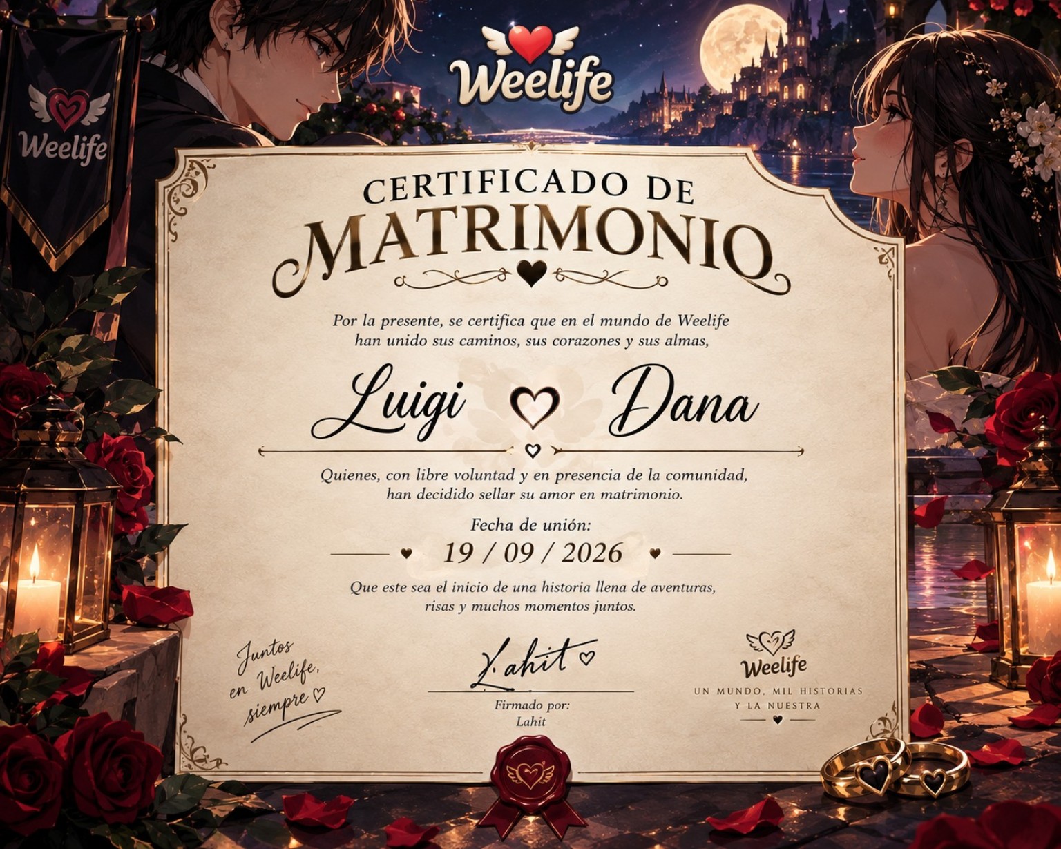 Certificado de matrimonio virtual de Luigi y Dana en Weelife, fechado el 19 de septiembre de 2026