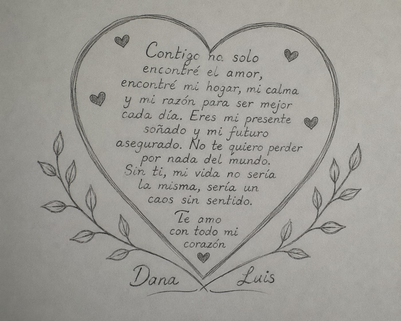 Carta hecha a mano por Luis para Dana, dibujada en forma de corazón y firmada Dana y Luis